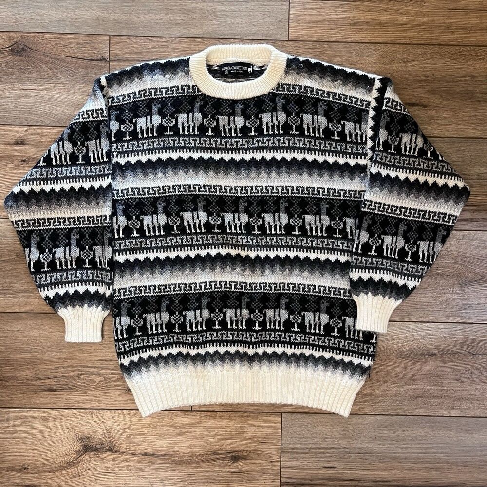 Alpaca Connection 100% Alpaca Crewneck Knit Sweater Black White Gray Size XL